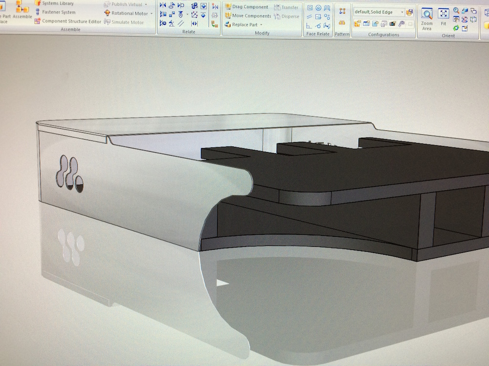 Solid Edge design of the Office Chairiot Mark II aluminum chassis on the plywood frame