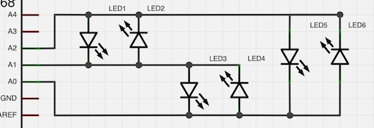 Charlieplexing Schematic: 3 Pins, 6 LEDs