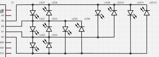 Schematic: Charlieplexing 12 LEDs with 4 GPIO Pins