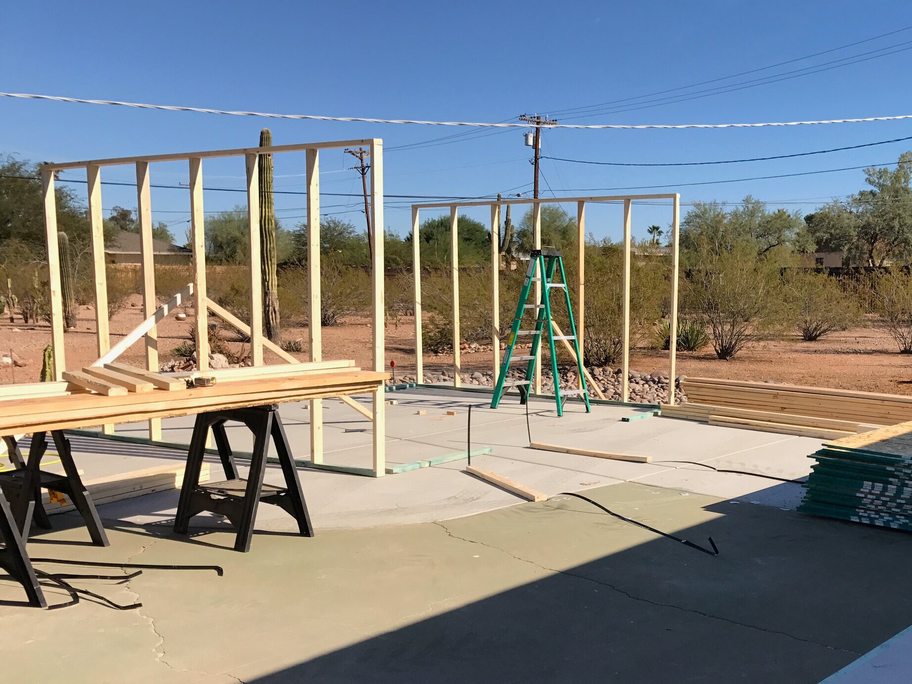 A couple walls up and temporarily braced, because no helpers